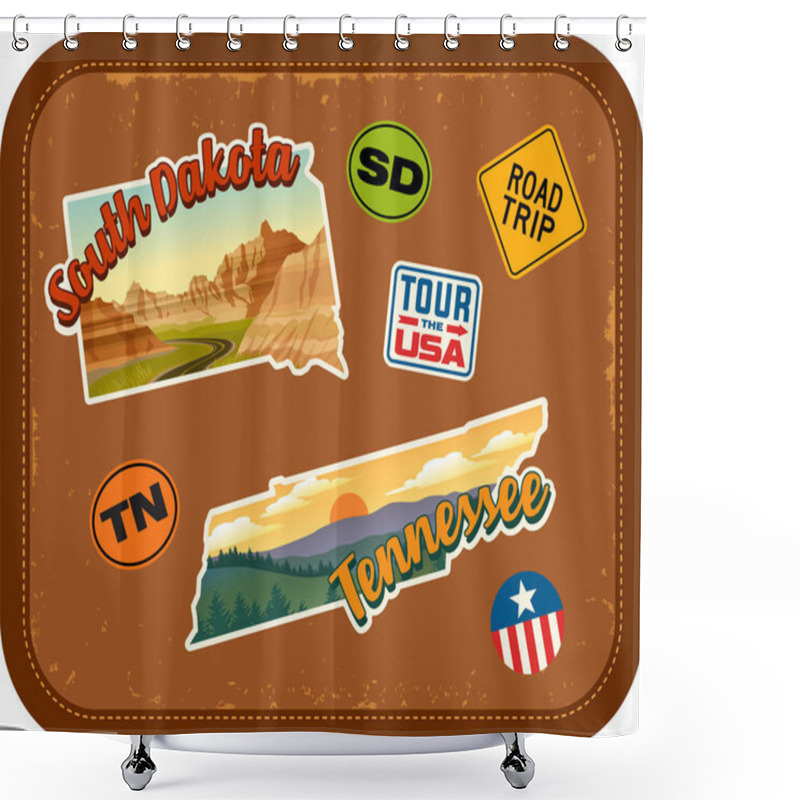 Personality  South Dakota, Tennessee Travel Stickers With Scenic Attractions And Retro Text On Vintage Suitcase Background Shower Curtains