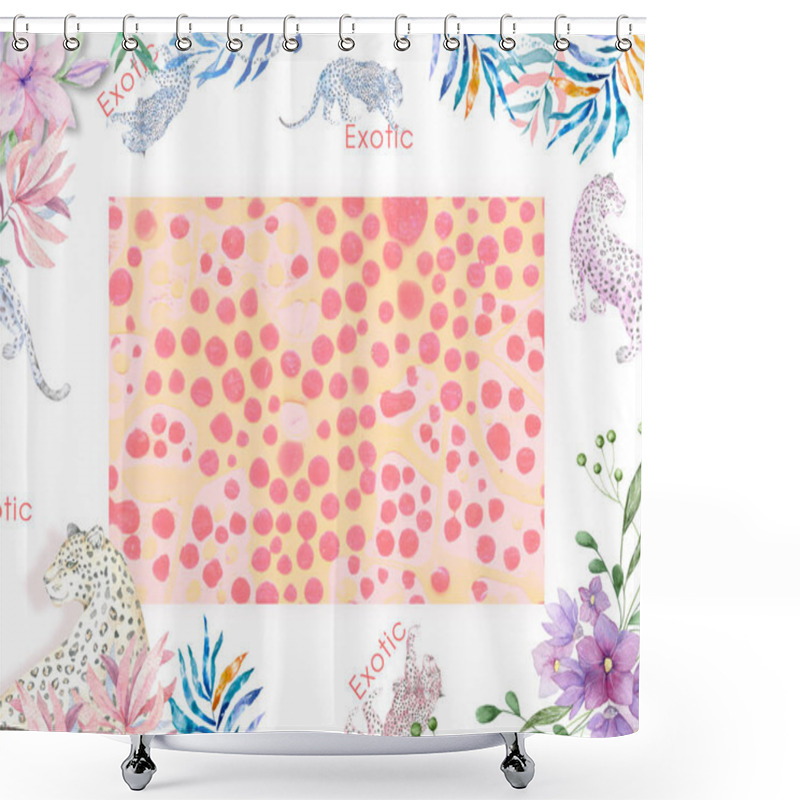 Personality  Watercolor Leopard And Flowers. Tropacal Leaves And Plants, Coral Living Frame With Red Dots Horizontal Square Frame. Greetting, Celebration, Wedding, Invite Design Card On Flowers White Background Shower Curtains