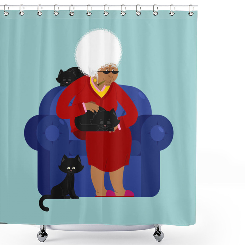 Personality  African American Grandmother And Cat Sitting On Chair. Granny Ca Shower Curtains