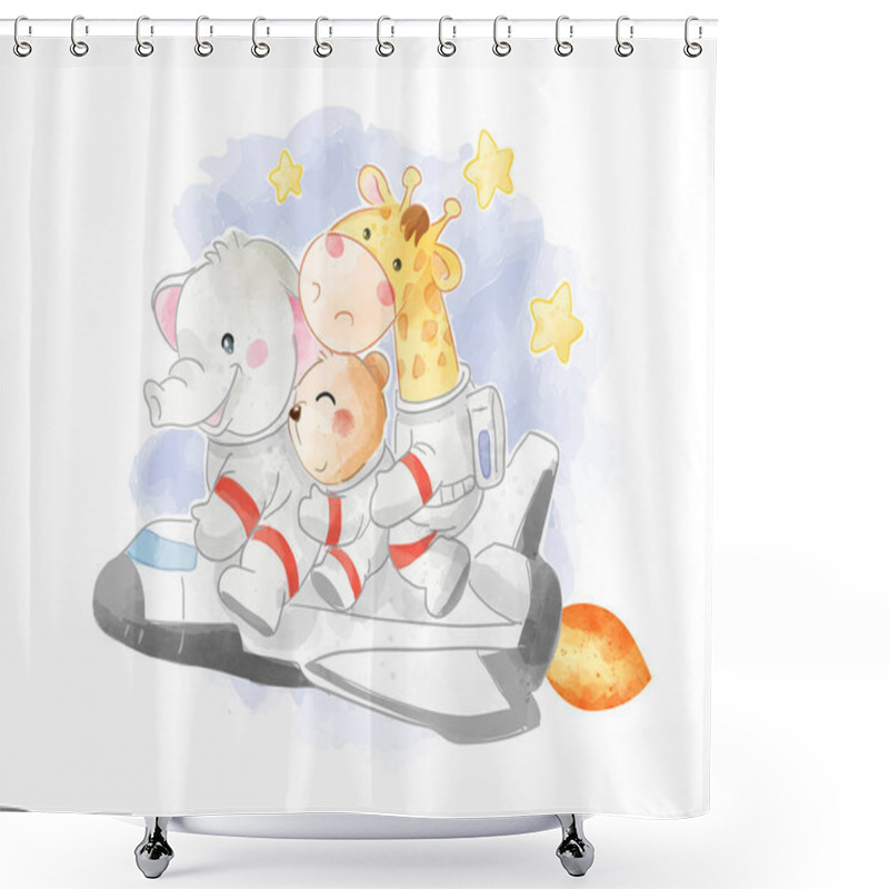 Personality  Cute Animal Friend Riding Rocket Ship Illustration Shower Curtains