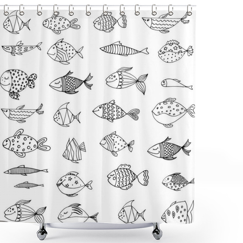 Personality  Set Of Black And White Vector Drawings Of Various Cartoon Funny Fish Shower Curtains