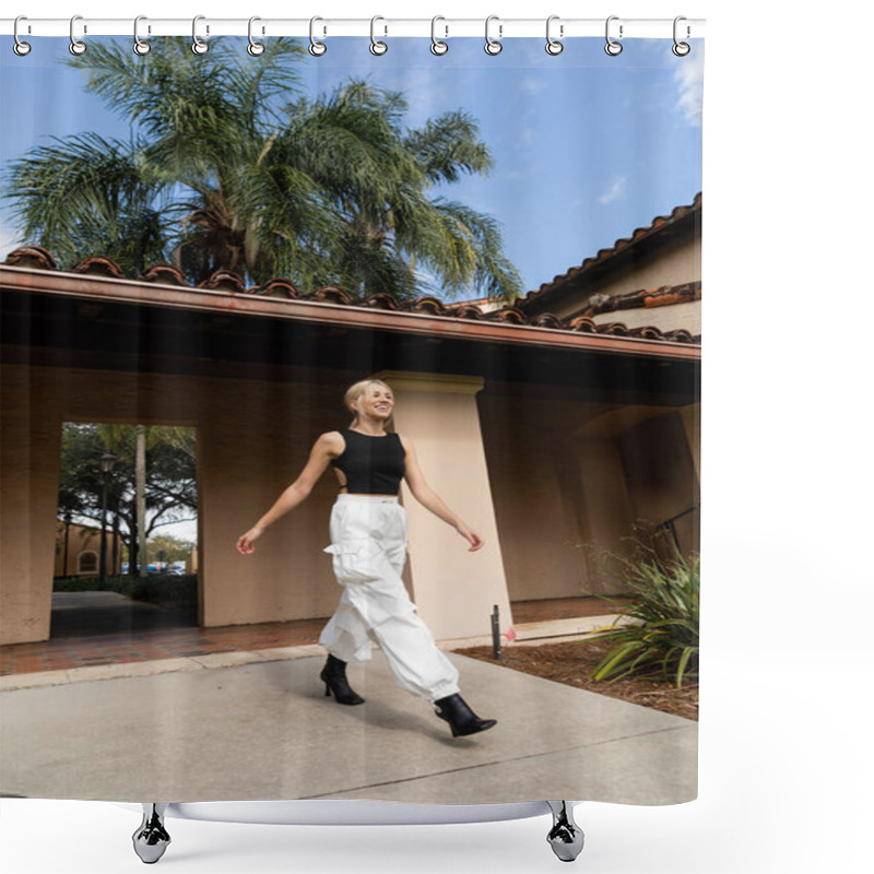 Personality  Full Length Of Cheerful Woman In Trendy Clothes Walking In Trendy Boots Near Modern House In Miami  Shower Curtains