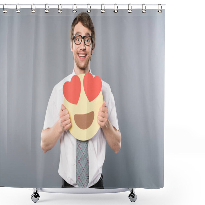 Personality  Excited Businessman Holding Smiling Face With Heart-eyes In Hands Shower Curtains