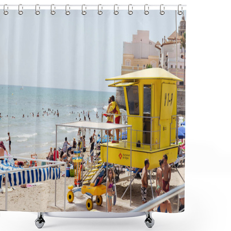 Personality  CATALONIA, SPAIN - APRIL 30, 2020: Selective Focus Of People Resting On Beach Near Lifeguard Tower And Blue Sky At Background Shower Curtains