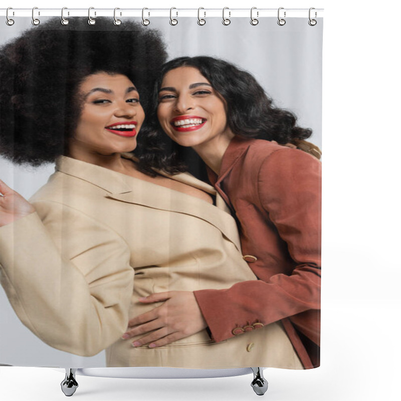 Personality  Happy Multiracial Woman Embracing African American Girlfriend On Grey, Models In Colorful Suits Shower Curtains