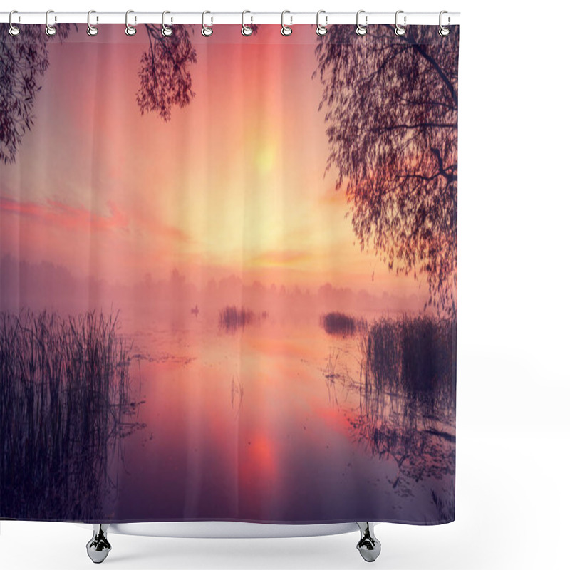 Personality  Early Morning, Dawn Over The Lake. Misty Morning, Rural Landscape, Wilderness, Mystical Feeling Shower Curtains