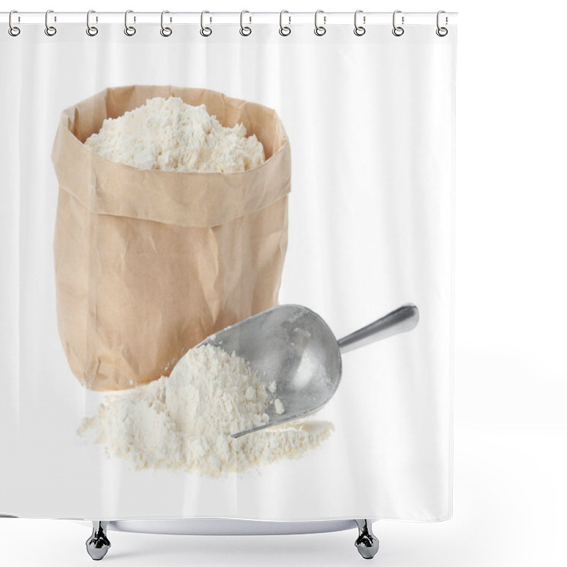 Personality  Paper Bag And Scoop With Flour Isolated On White Shower Curtains