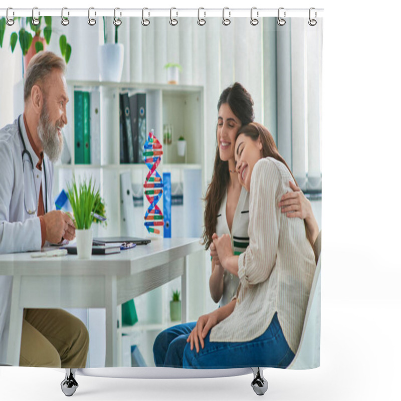 Personality  Happy Lgbt Couple Hugging Warmly And Talking Actively To Doctor, In Vitro Fertilization Concept Shower Curtains