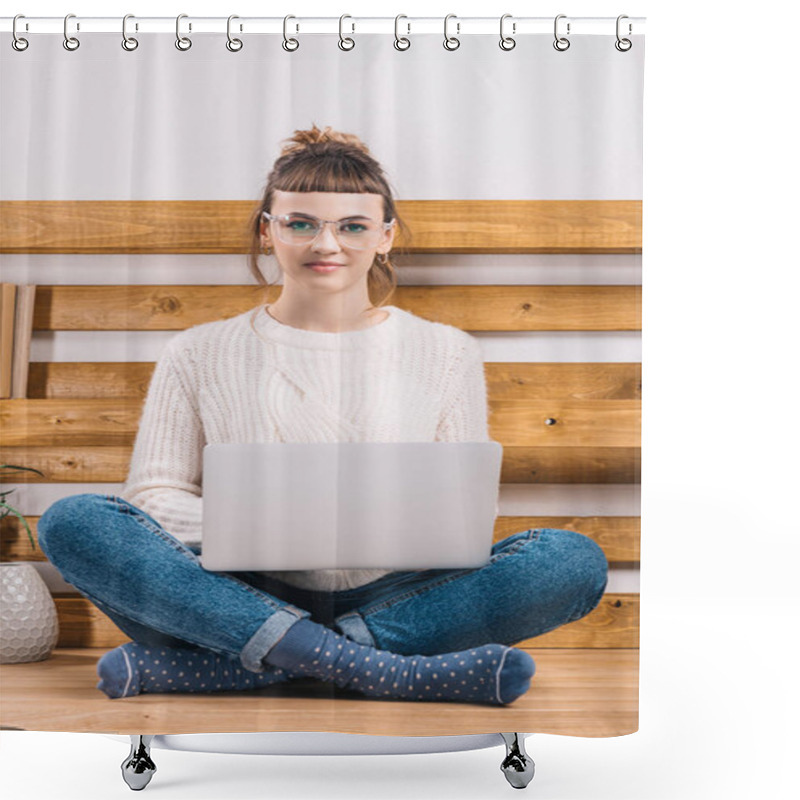 Personality  Girl Sitting On Table In Office With Laptop And Looking At Camera Shower Curtains