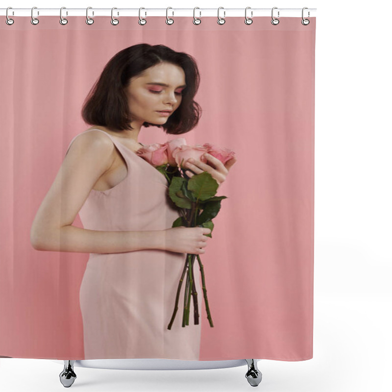 Personality  A Woman In A Pink Dress Holds A Bouquet Of Roses In Front Of A Pink Background. Shower Curtains