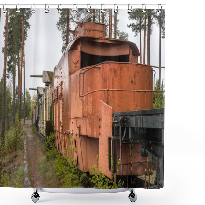 Personality  Parola, Finland - May 2, 2019: Tank Museum In The City Of Parola. Armored Train. Guns In Combat Readiness Shower Curtains