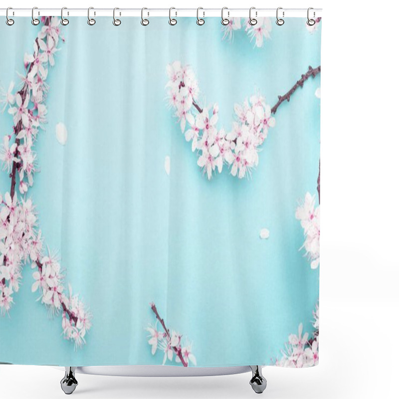 Personality  April Floral Nature. Spring Blossom And May Flowers On Blue. For Banner, Branches Of Blossoming Cherry Against Background. Dreamy Romantic Image, Landscape Panorama, Copy Space Shower Curtains