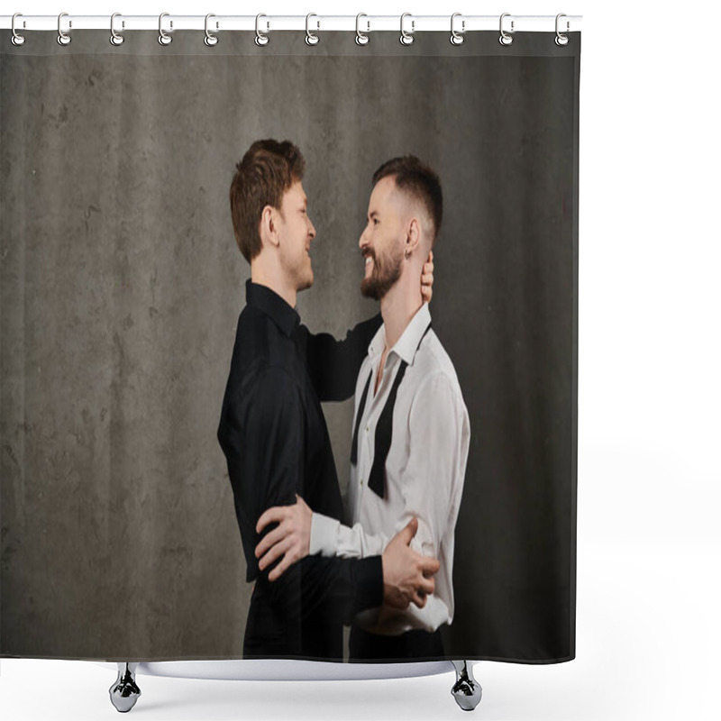 Personality  Two Men In Suits, Embracing, Against A Concrete Backdrop. Shower Curtains