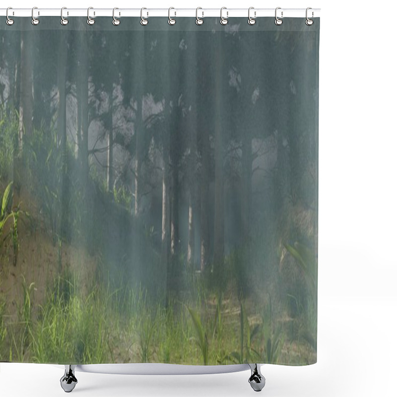 Personality  3d Render Fog In Pine Trees Forest Nature Landscape Scene Wallpaper Backgrounds Shower Curtains