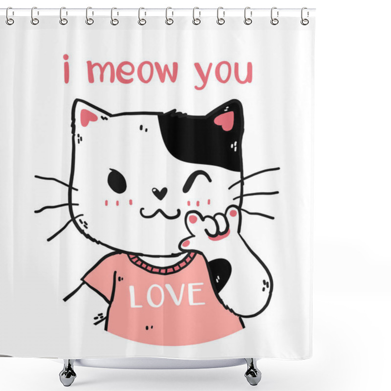 Personality  Cute Happy White And Pink Cat I Meow You With Love You Hand Gesture Signage Portrait Half Body Doodle Cartoon Flat Vector For Nursery Art, Greeting Card, T Shirt, Sticker, Printable Shower Curtains