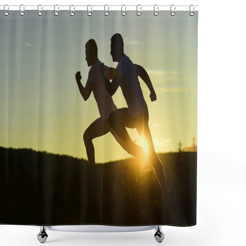 Personality  Sequence Of Male Silhouettes Running On Dawn Background Shower Curtains