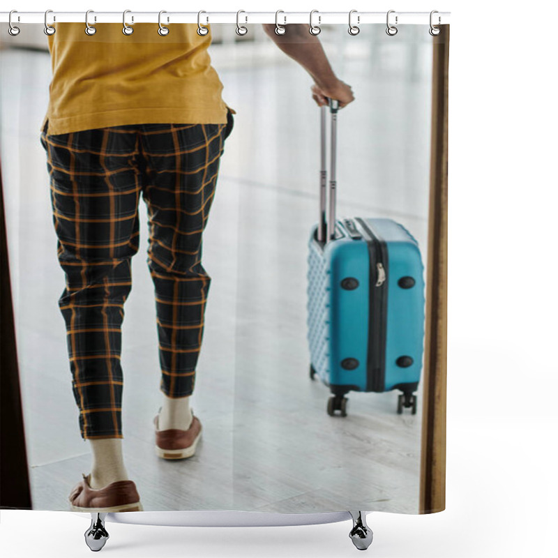 Personality  A Young African American Man Pulls A Suitcase, Ready To Embrace His Remote Work Lifestyle. Shower Curtains