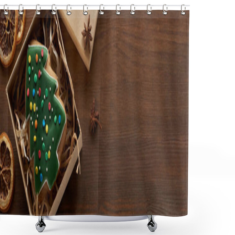 Personality  Top View Of Christmas Tree Cookie In Box Near Dried Citrus And Anise At Wooden Table, Panoramic Shot Shower Curtains