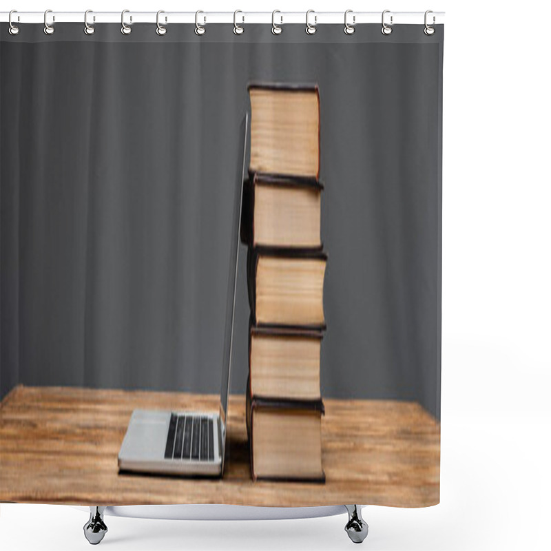 Personality  Stack Of Books And Laptop On Wooden Desk Isolated On Grey, Banner Shower Curtains