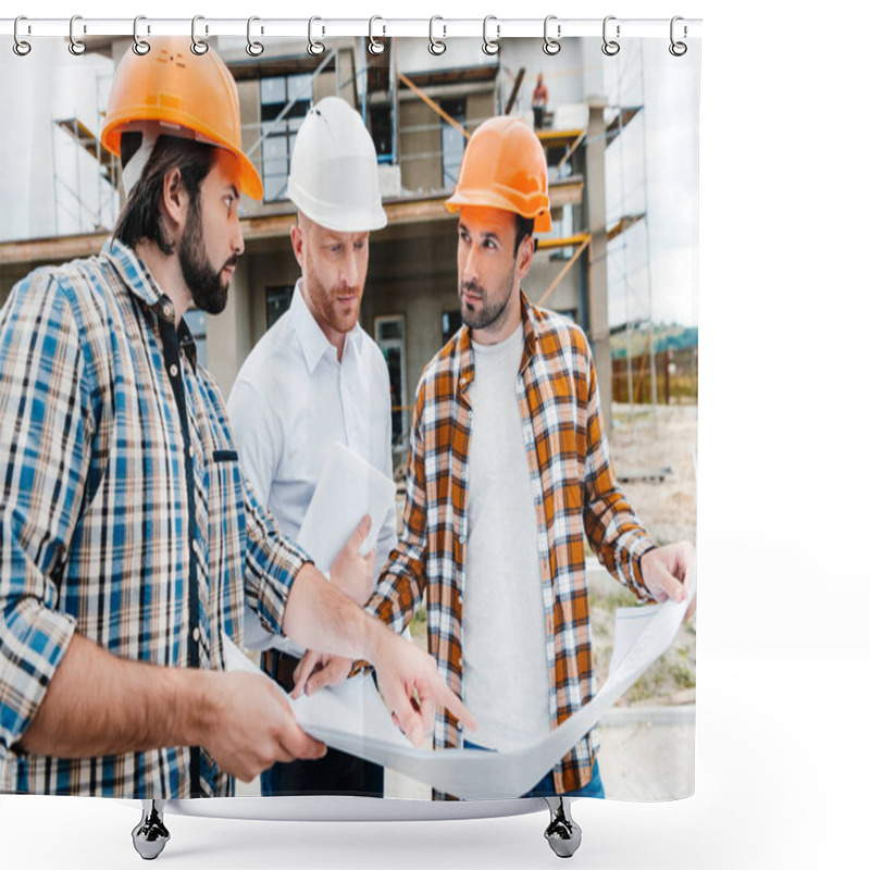 Personality  Group Of Architects With Building Plan Having Conversation In Front Of Construction Site Shower Curtains