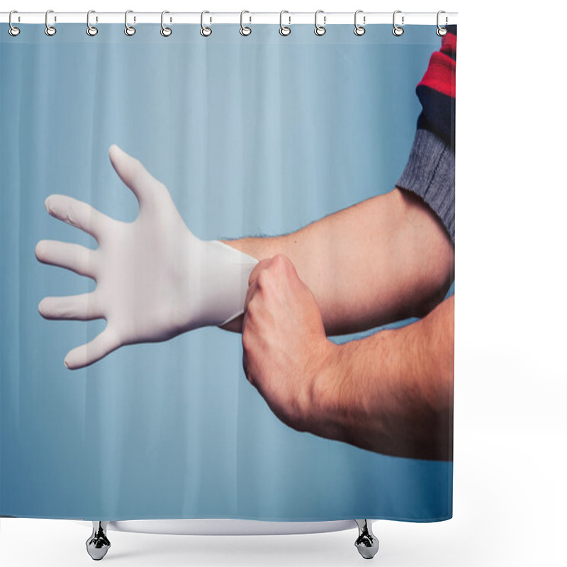 Personality  Man Putting On Latex Surgical Glove Shower Curtains