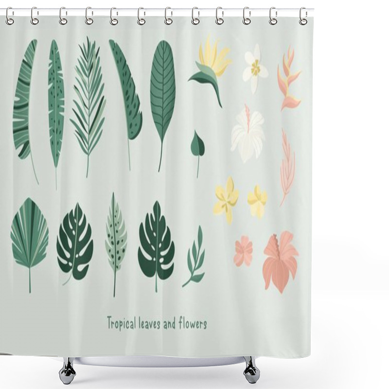 Personality  Tropical Leaves And Flowers Collection. Vector Summer Illustration. Greenery, Palm Leaves, Banana Leaf, Hibiscus, Plumeria Flowers. Shower Curtains