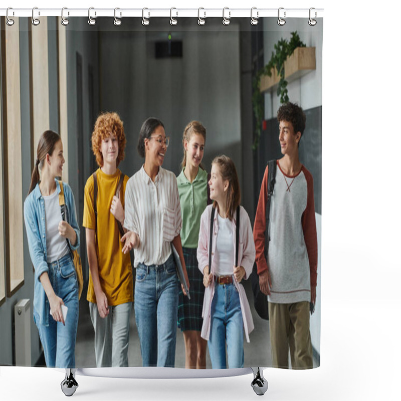 Personality  Happy African American Woman Walking With Teenage Students In Hallway Of School, Teacher And Kids Shower Curtains