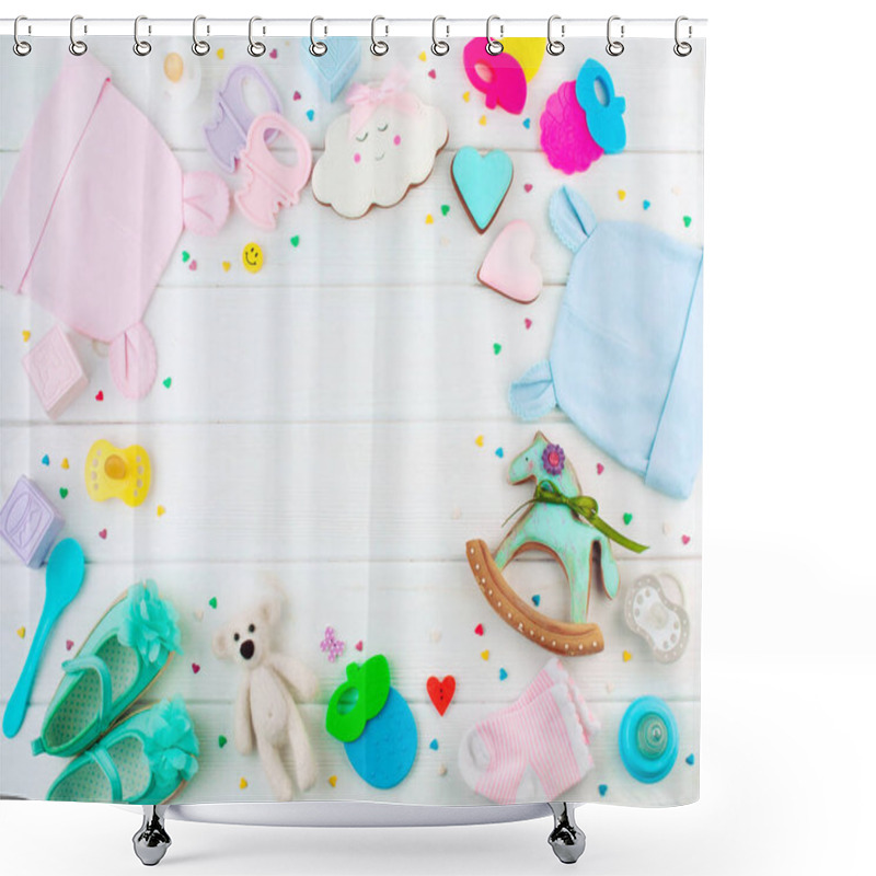 Personality  Baby Shower Party Background: Frame From Baby Clothes And Accessories On White Wooden Background With Copy Space; Top View, Flat Lay Shower Curtains