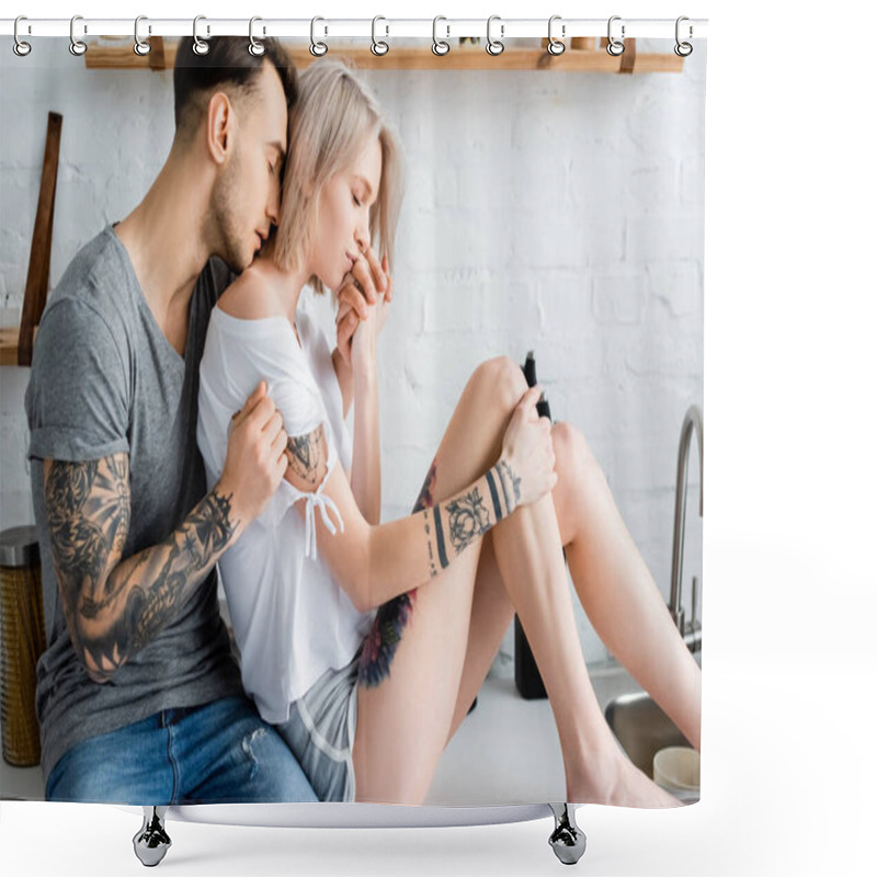 Personality  Tattooed Man Embracing Beautiful Blonde Girlfriend On Kitchen Worktop  Shower Curtains