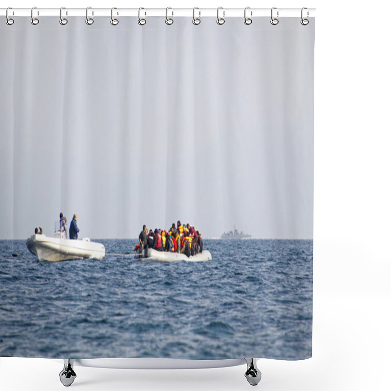 Personality  Refugees Arriving In Greece In Dinghy Boat From Turkey.  Shower Curtains