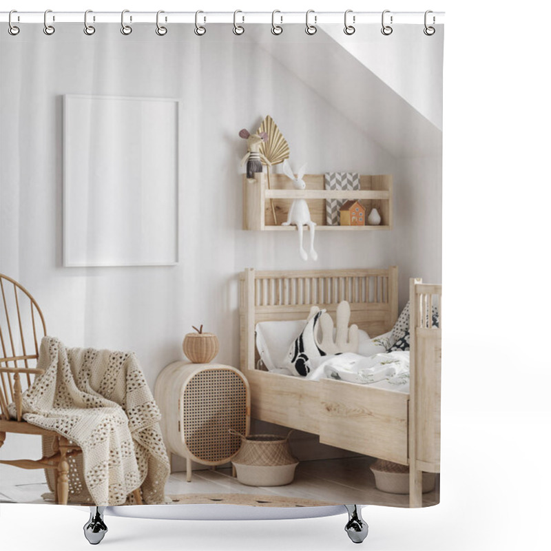 Personality  Mock Up Frame In Children Room With Natural Wooden Furniture, 3D Render Shower Curtains