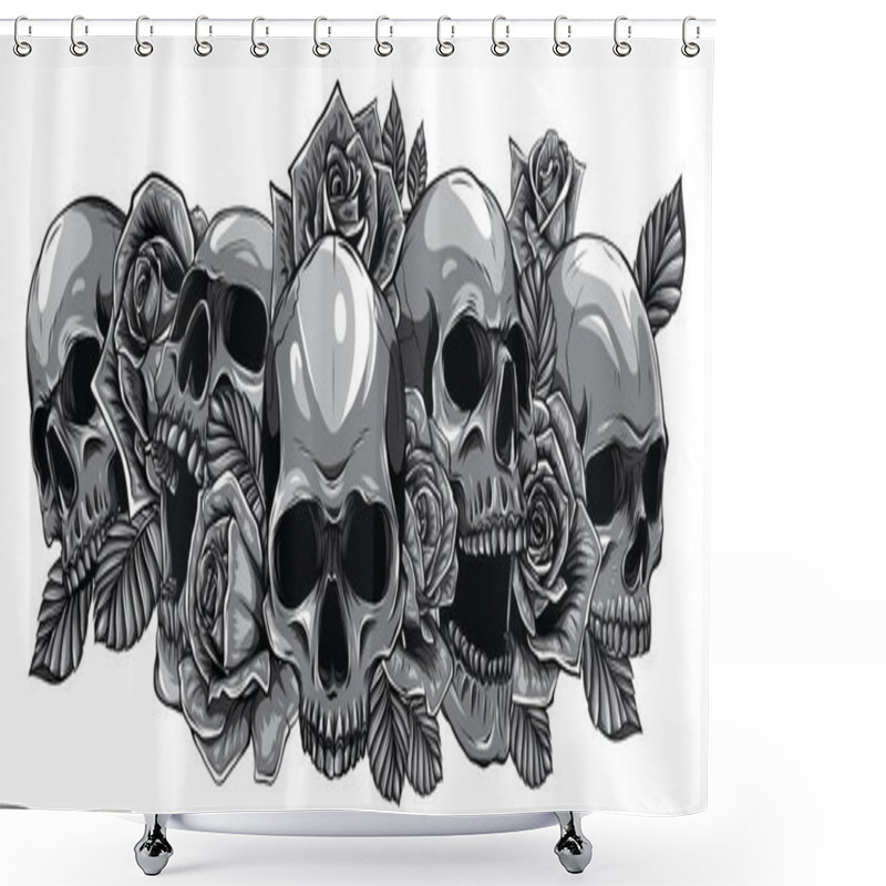 Personality  Monochromatic Human Skulls With Roses On White Background Shower Curtains