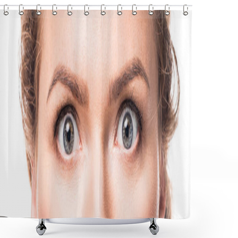 Personality  Shocked Grey Female Eyes Looking At Camera, Isolated On White Shower Curtains