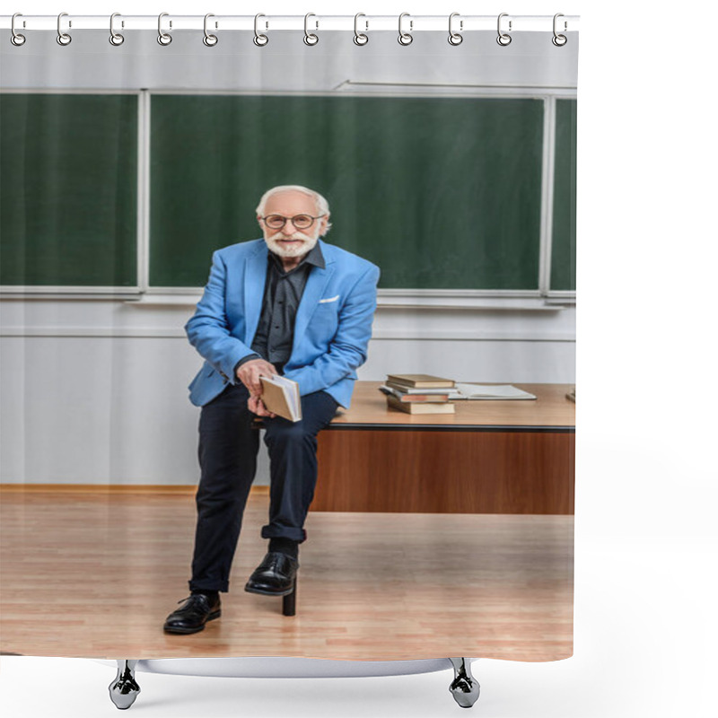 Personality  Grey Hair Professor Sitting On Table In Lecture Room And Holding Book Shower Curtains