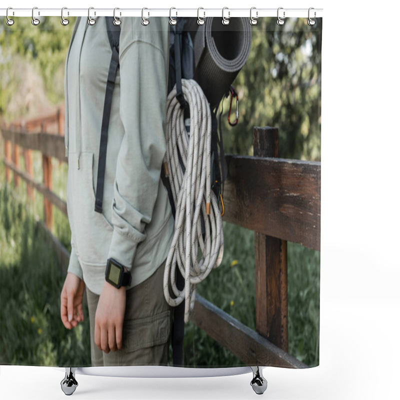 Personality  Cropped View Of Young Female Hiker With Fitness Tracker, Backpack And Travel Equipment Standing With Blurred Landscape At Background, Finding Serenity In Nature, Summer Shower Curtains