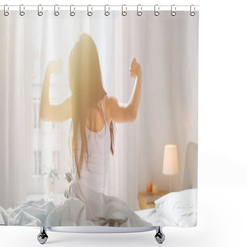 Personality  Beautiful Brunette Is Waking Up In The Morning, Stretches In The Bed, Sun Shines On Her From The Big Window. Happy Young Girl Greets New Day With Warm Sunlight Flare. Shower Curtains