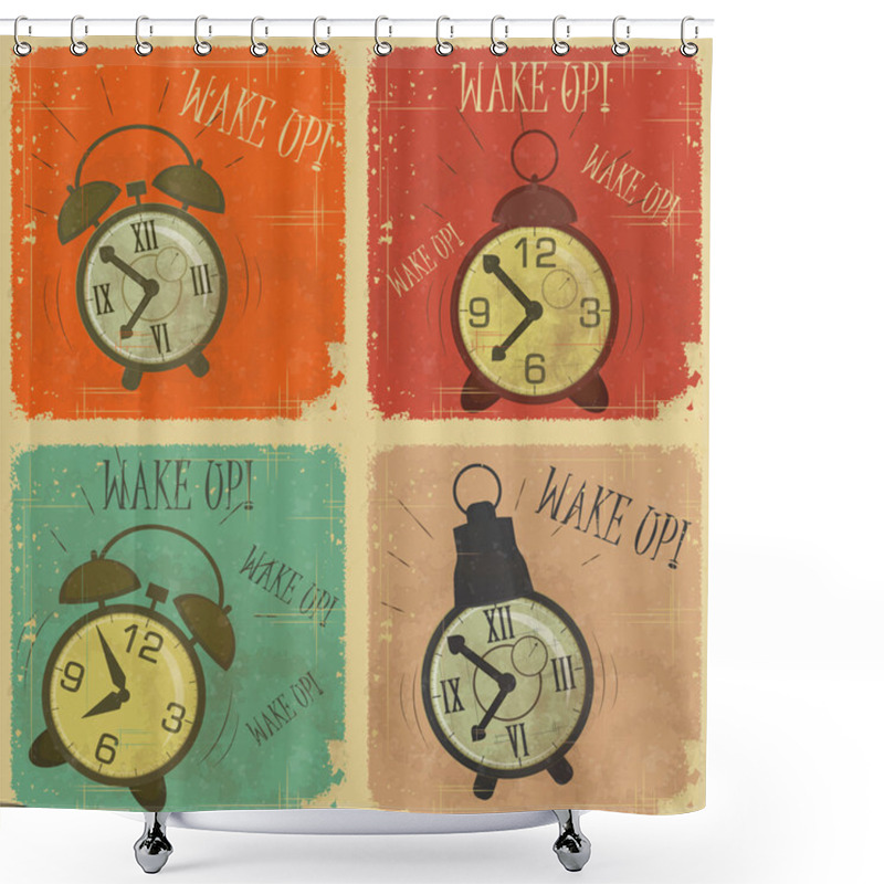 Personality  Retro Alarm Clock With Text: Wake Up! Shower Curtains