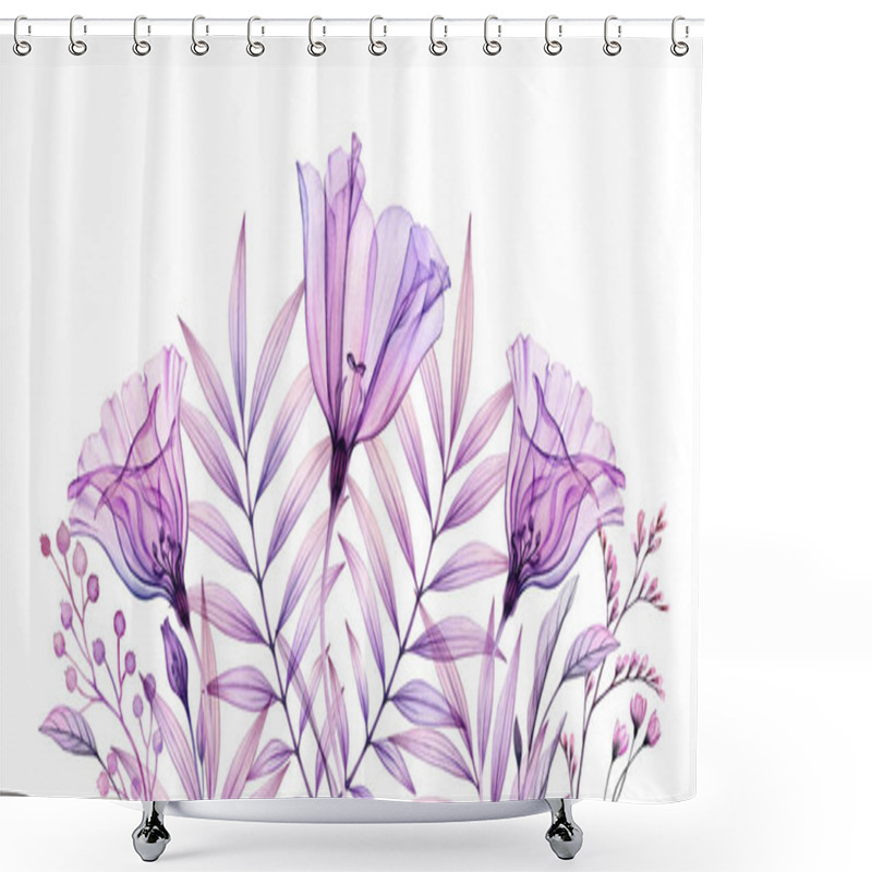 Personality  Watercolor Floral Banner In Purple. Horizontal Border. Hand Painted Artwork With Transparent Violet Flower And Tropical Leaves Isolated On White. Abstract Botanical Illustration Shower Curtains