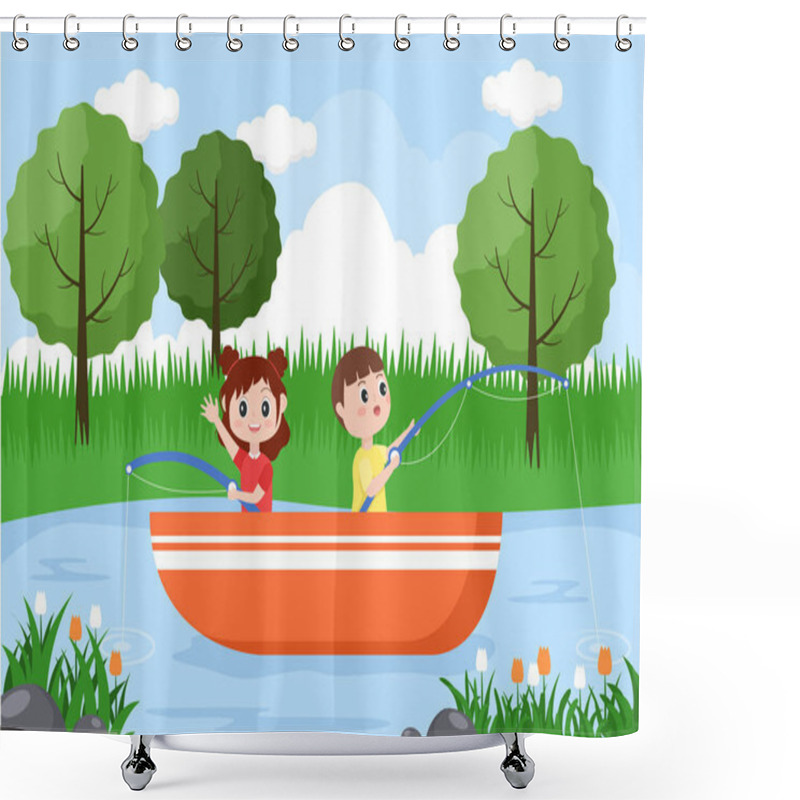 Personality  Children Fishing Fish By The River While Enjoying Quality Time At Summer Day With Hill Or Mountain View. Background Vector Illustration Shower Curtains