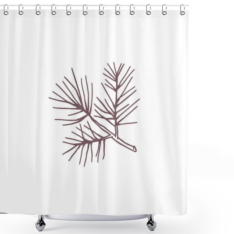 Personality  Vector Icon Of A Coniferous Tree Twig With Needles. The Black Outline Emphasizes Its Conviviality On A White Background. Perfect For A Minimalistic Design. Shower Curtains