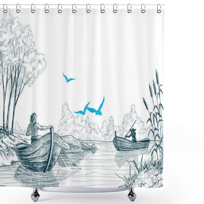 Personality  Fisherman In Boat Sketch, Delta, River Or Sea Background In Vect Shower Curtains