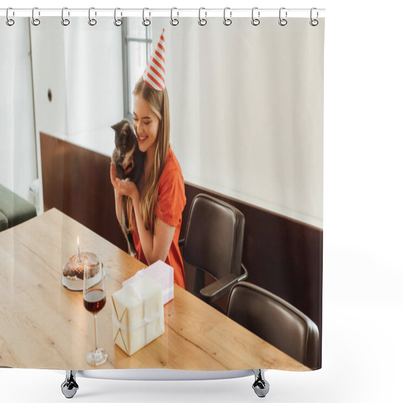 Personality  Happy Girl In Party Cap Holding In Arms Cat And Looking At Birthday Cake Near Presents And Red Wine In Glass Shower Curtains