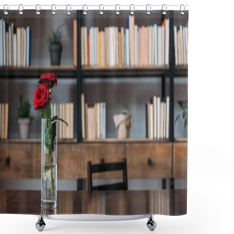 Personality  Beautiful Red Roses In Vase At Library Shower Curtains