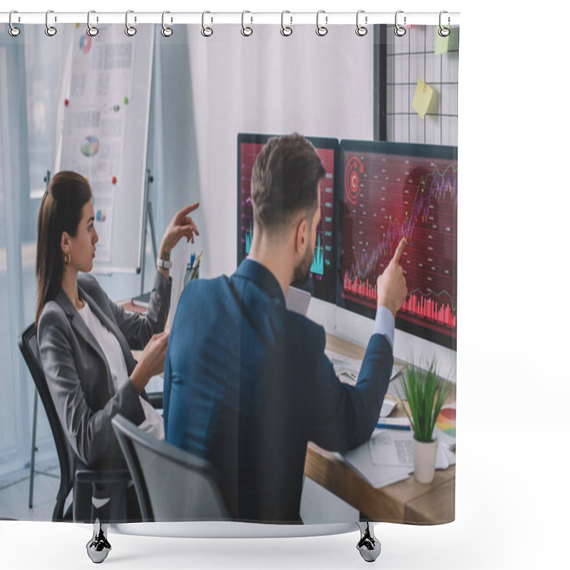 Personality  Data Analysts Pointing On Charts On Computer Monitors While Testing Security Software In Office Shower Curtains