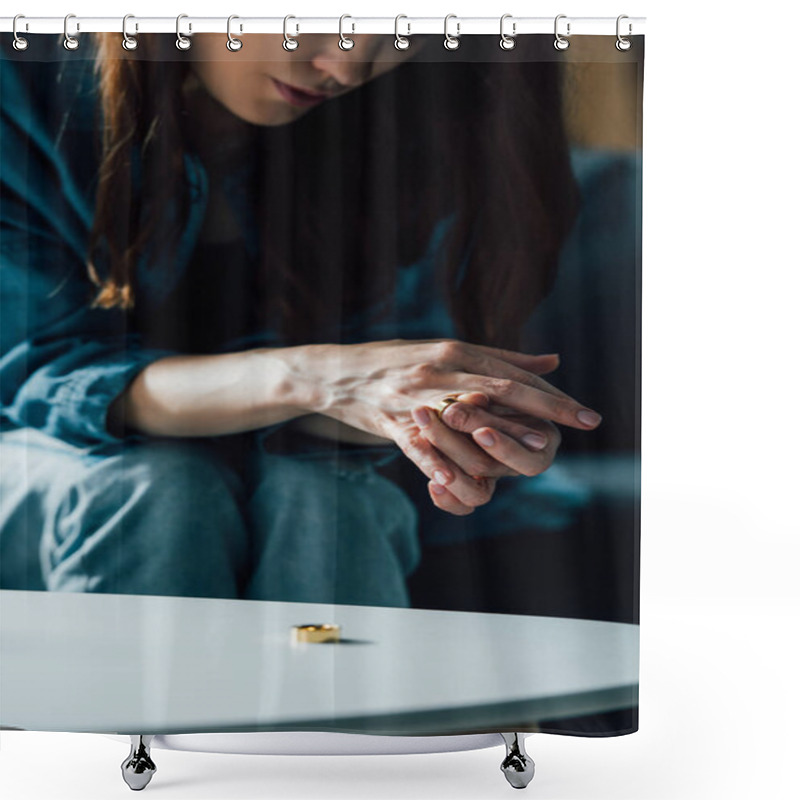 Personality  Cropped View Of Brunette Woman Sitting Near Coffee Table And Taking Off Golden Ring, Divorce Concept  Shower Curtains