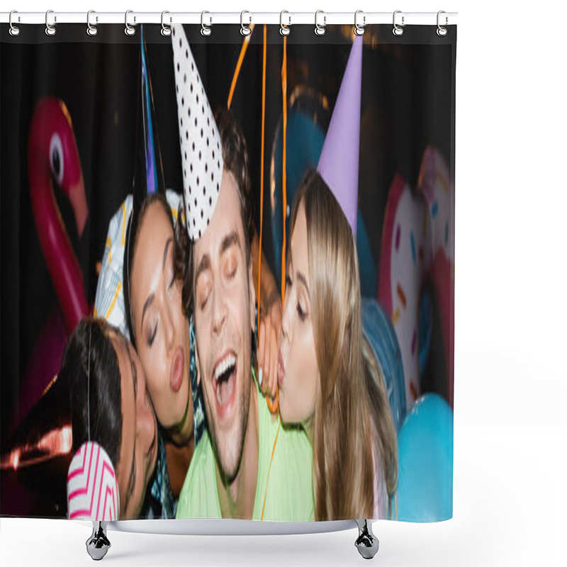 Personality  Panoramic Crop Of Young Friends Kissing Man In Party Cap Near Balloons At Night  Shower Curtains