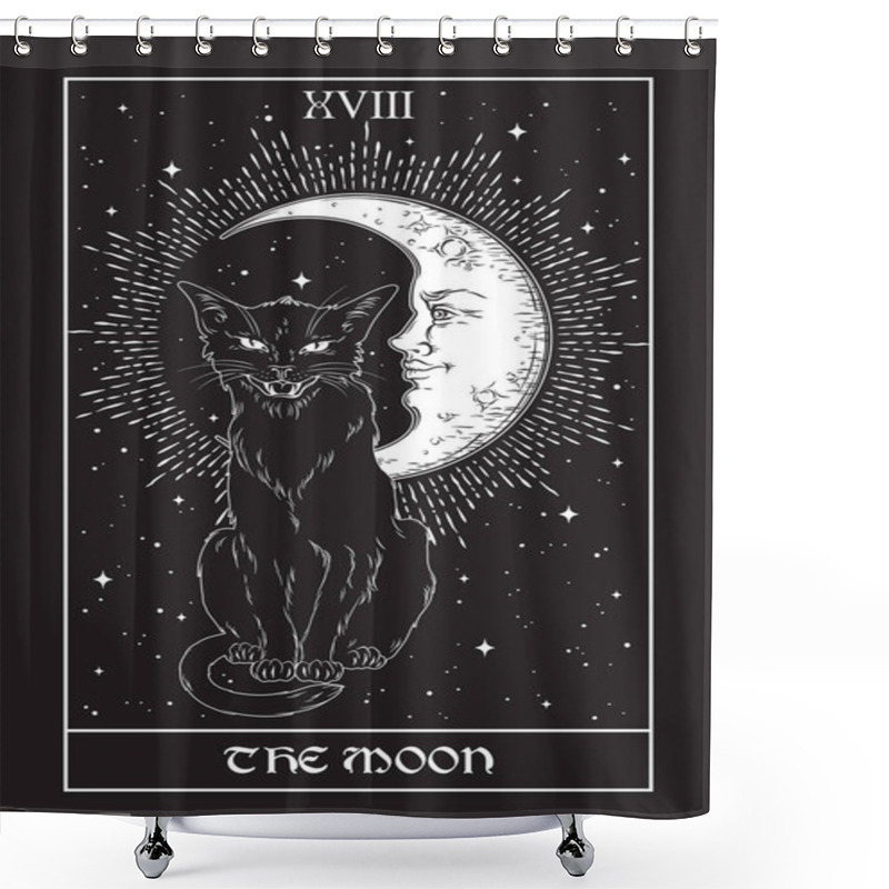 Personality  Tarot Card The Moon Black Cat Over Night Sky With Moon And Stars. Familiar Spirit, Halloween Or Pagan Witchcraft Theme Print Design Vector Illustration. Shower Curtains