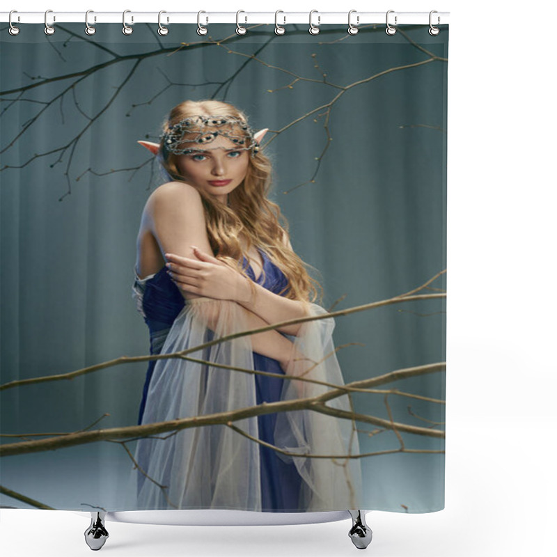 Personality  A Young Woman In A Blue Dress, Embodying The Essence Of A Fairy Tale Character, Stands Gracefully Beside A Grand Tree. Shower Curtains