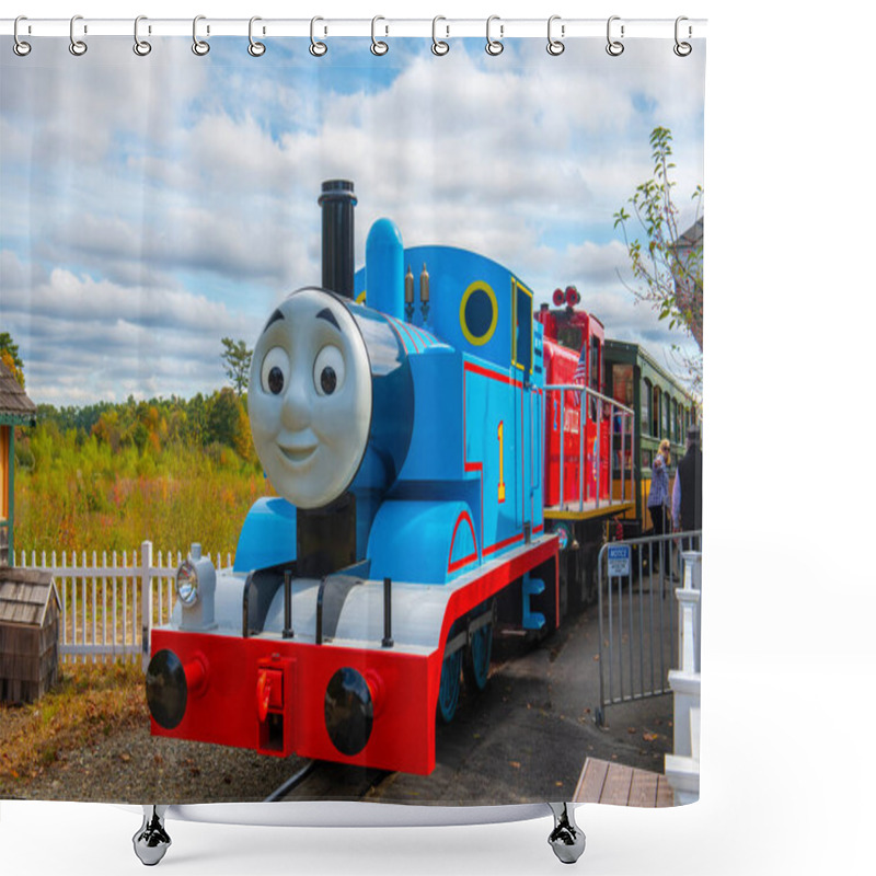 Personality  Thomas The Tank Engine On Edaville Railroad In Thomas Land USA In Edaville Family Theme Park In Town Of Carver, Massachusetts MA, USA.  Shower Curtains