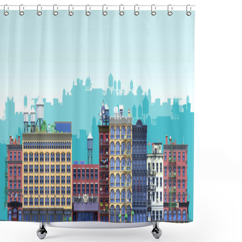 Personality  3d Rendering Set Of Flat Isometric Block Buildings Infographic Concept. City Street With Background Silhouette Layers. Building Facade Front View. Pixel Art. Typical New York Buildings With Fire Stair Shower Curtains